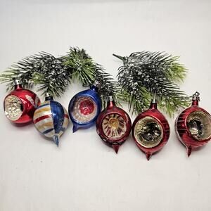 6 Vintage Poland Christmas Tree Teardrop Single Indent Ornaments Mica Glitter